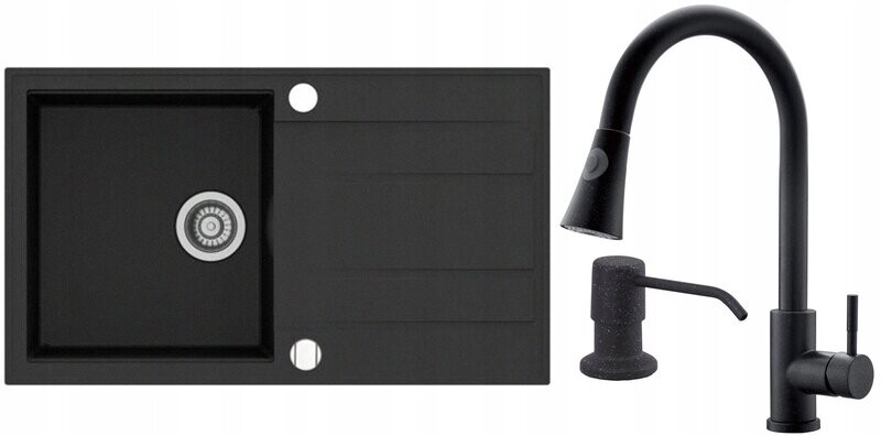 Granitspüle + Mischbatterie + Flüssigkeitsspender + Siphon Schwarz XXL Set Granitspüle + Mischbatterie + Flüssigkeitsspender + Siphon Schwarz XXL Set
