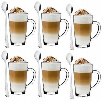 6 Kaffeegläser 370ml Latte Macchiato Gläser Set + 6 Löffel