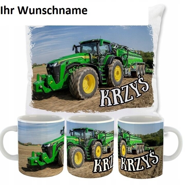 JOHN DEERE Geschenk-Set Tasse und Kissen mit Wunschname Druck