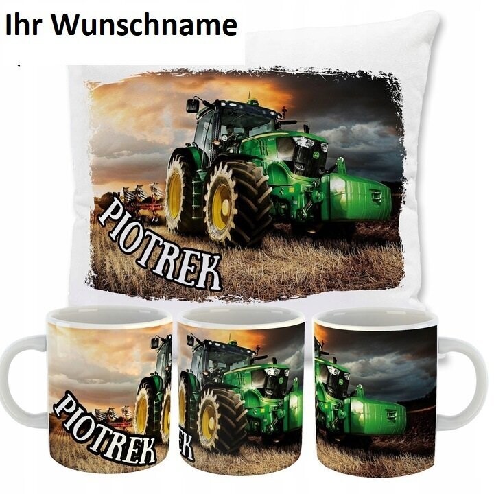 JOHN DEERE Geschenk-Set Tasse und Kissen mit Wunschname Druck