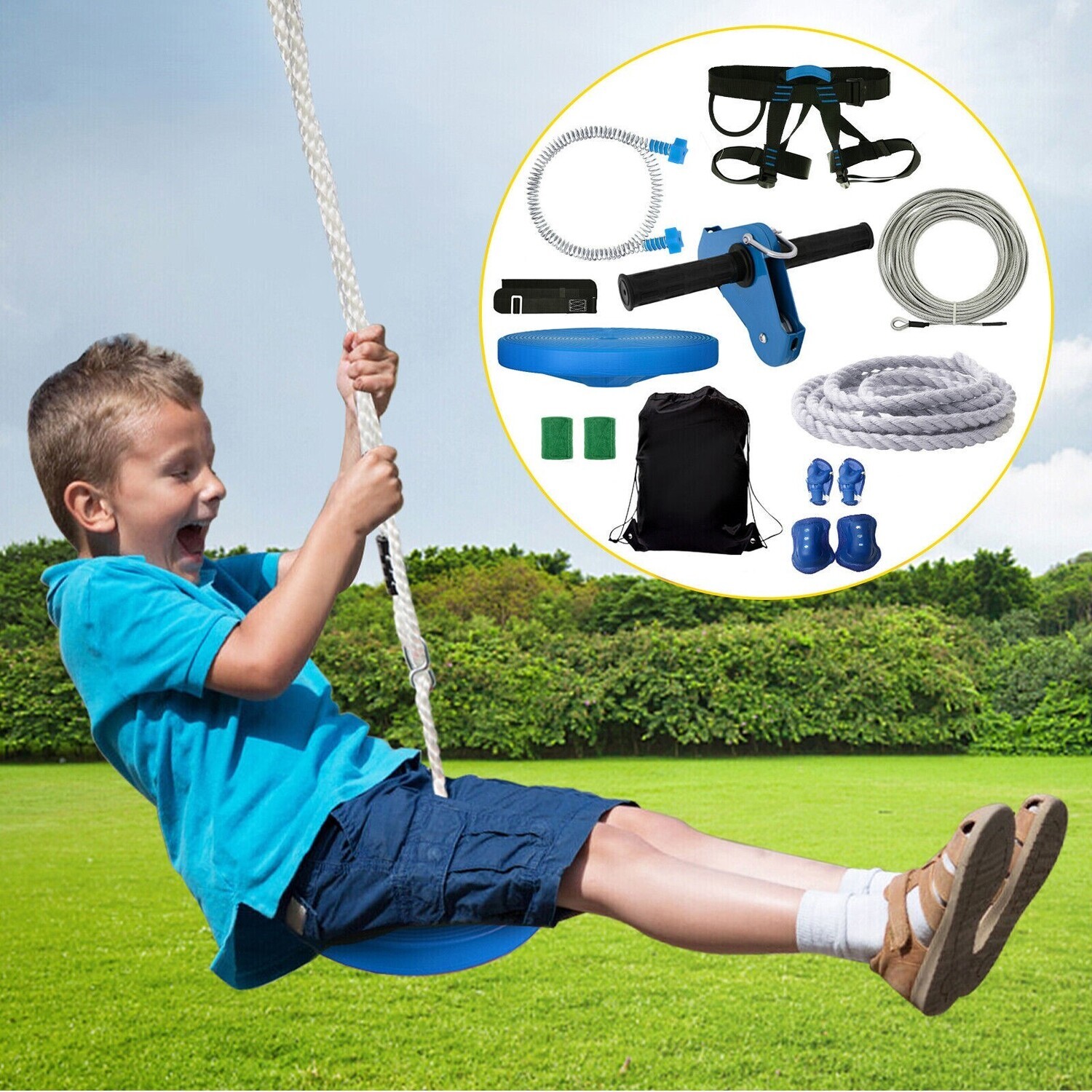 Seilrutsche Zipline Seilbahn Kinder 24,4m Stahlseil Starter Set