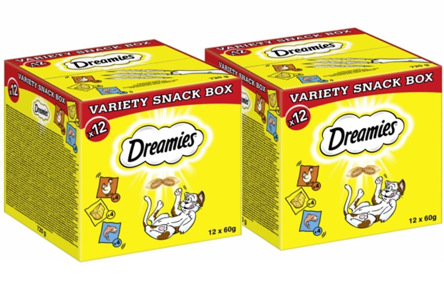 Dreamies Katzenleckerli Mixbox Katzensnacks Huhn Rind Lachs Käse 24x60g