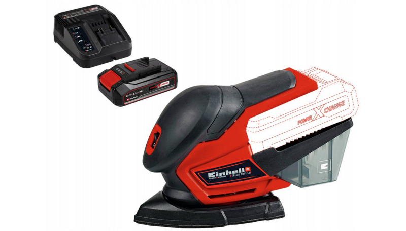 Einhell Akku Multischleifer TE-OS 18/1 Li Solo Power X-Change (Lithium Ionen, 18 V, Schleiffläche 104 cm², Staubfangbox und Absaugadapter, inkl. 6 Schleifpapiere, mit 2.5A Akku und Ladegerät)