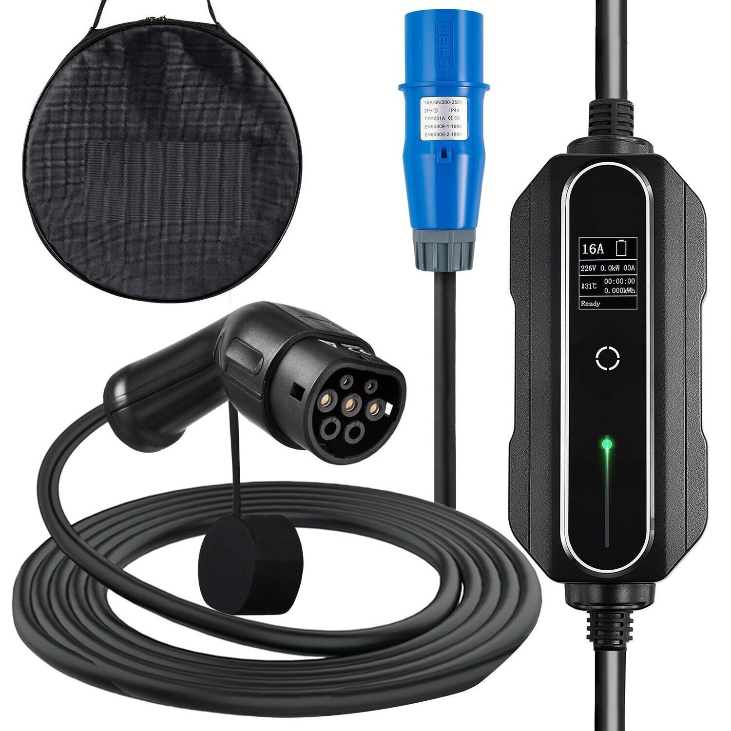 Ladegerät 16A EV Ladekabel für EU Standard, 7,5 m Ladestation für Elektroauto 3 Pin Schuko Stecker, 3,6 kW Elektrofahrzeug, 250 V IP54-Anschluss mit LCD Digitalbildschirm & CE Zertifizierung