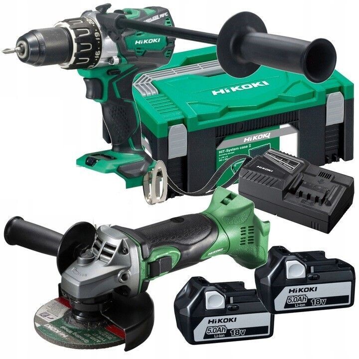 Starter Set HIKOKI Hitachi 18V DS18DBL2 Akkuschrauber + G18DSL2 Winkelschleifer & 2x5AH Akku & Ladegerät