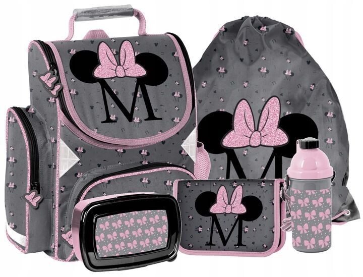 Minnie Maus Schulranzen Tornister Schultasche 5 tlg Set Federtasche Mädchen Grau