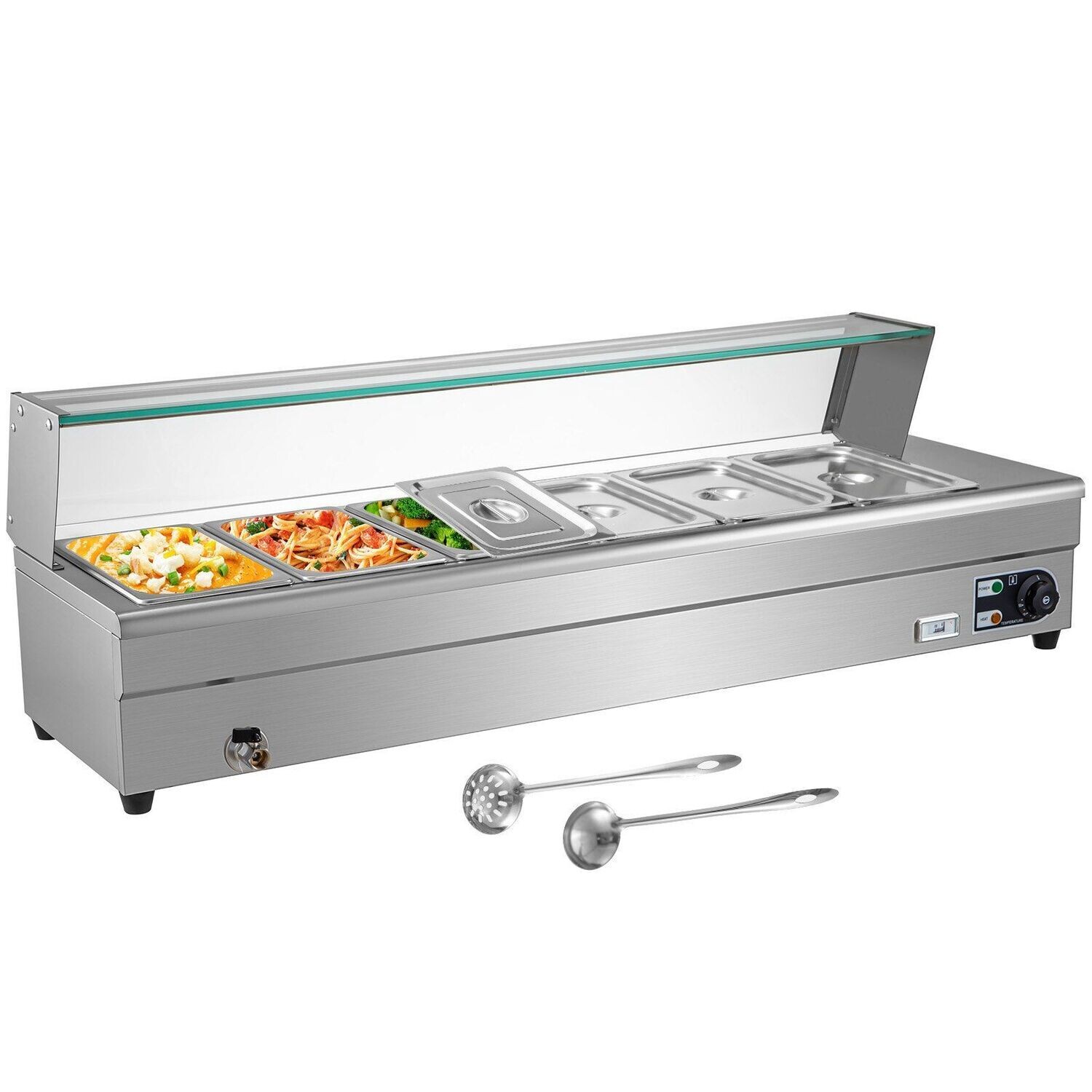 Edelstahl Gastronomie Behälter 1500 Watt Speisenwärmer 6 Pfanne Wärmebehälter für Essen Chafing Dish mit Glasabdeckung Warmhaltebox Tischwärmer