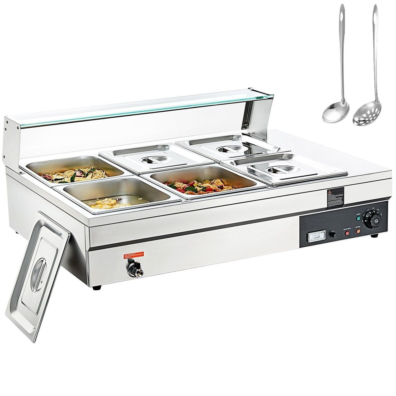 Edelstahl Buffetwärmer Speisewärmer Buffetbehälter Jede Heizplatte Verwendbar, inkl. Glasdeckel & Ablaufhahn & Trockenbrennanzeige, für Kantine, Café usw. Chafing Dish