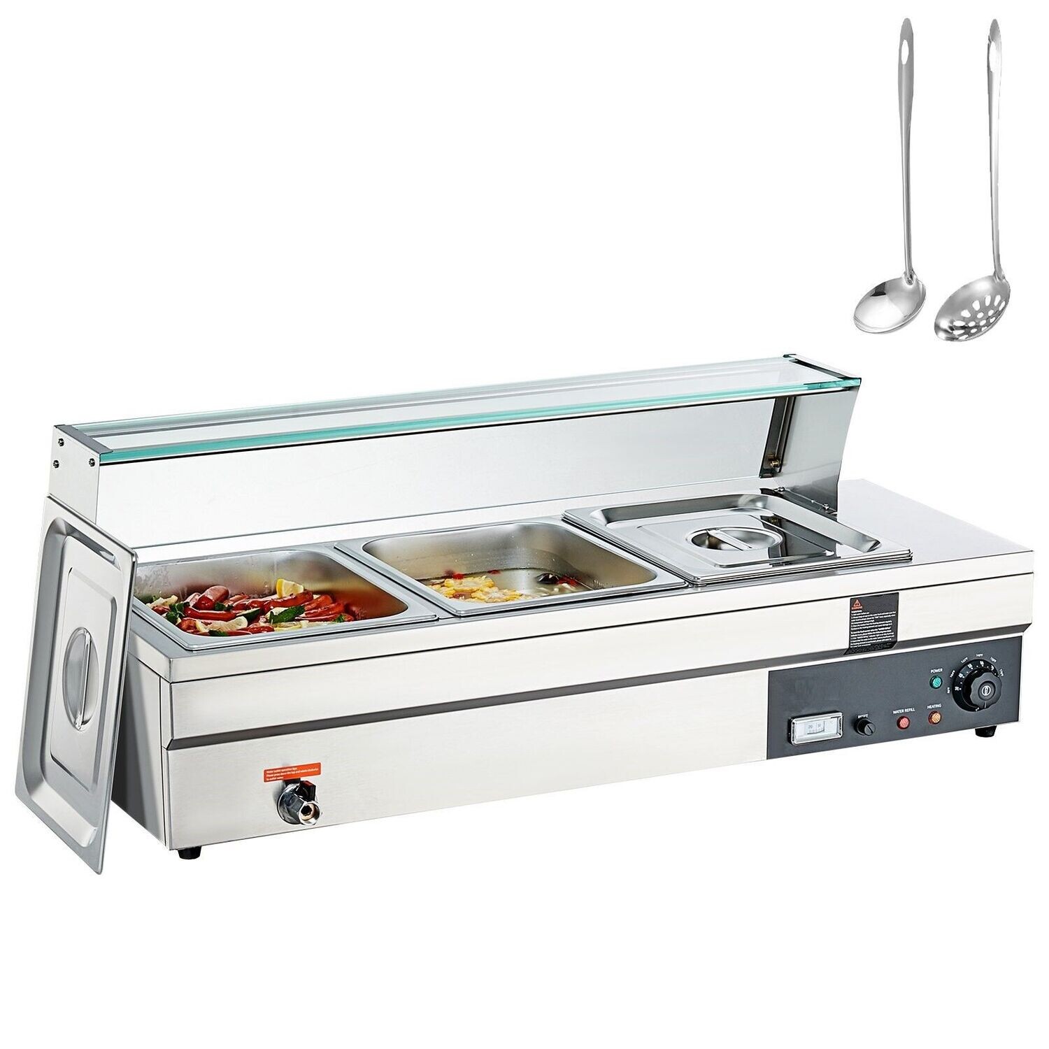 Edelstahl Buffetwärmer Speisewärmer Buffetbehälter Jede Heizplatte Verwendbar, inkl. Glasdeckel & Ablaufhahn & Trockenbrennanzeige, für Kantine, Café usw. Chafing Dish