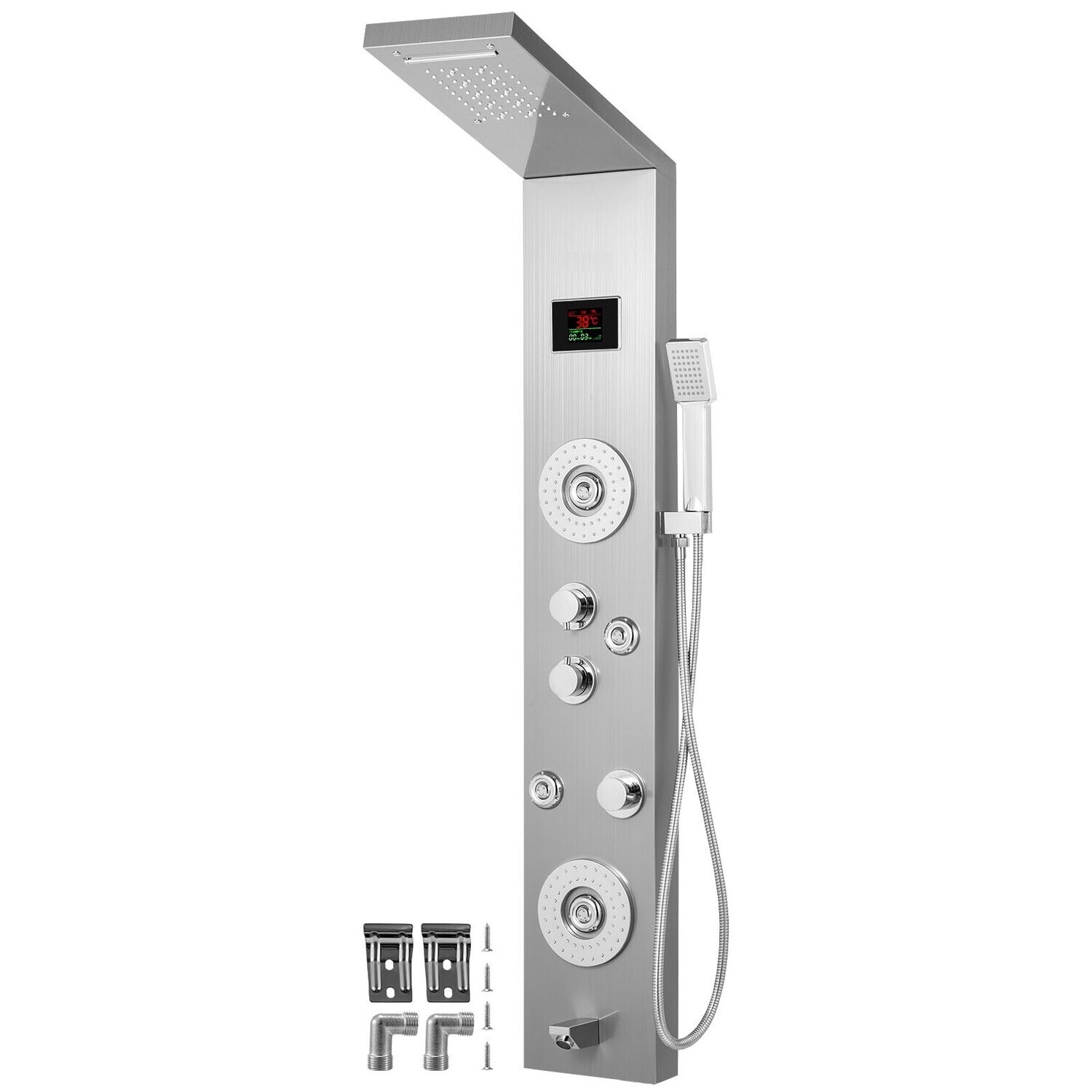 LED Duschpaneel 6 in 1 Edelstahl Duschpaneelsysteme Verstellbare Massagedüsen Silberner Sprüher Regen Duschpaneel Wasserfall Massagesystem für Haus Hotel