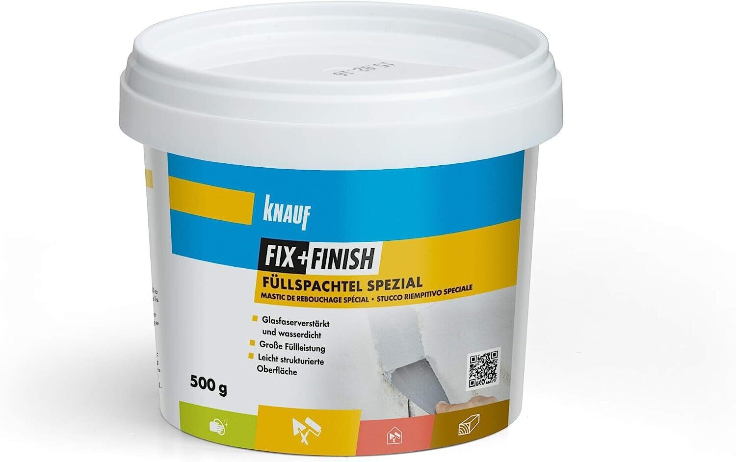 Knauf 593749 Füllspachtel FIX + Finish Spezial zum Füllen von Spalten und Rissen mit mäßigen Bewegungen – elastische Gips-Spachtel mit hoher Elastizität, licht-grau, 500-g