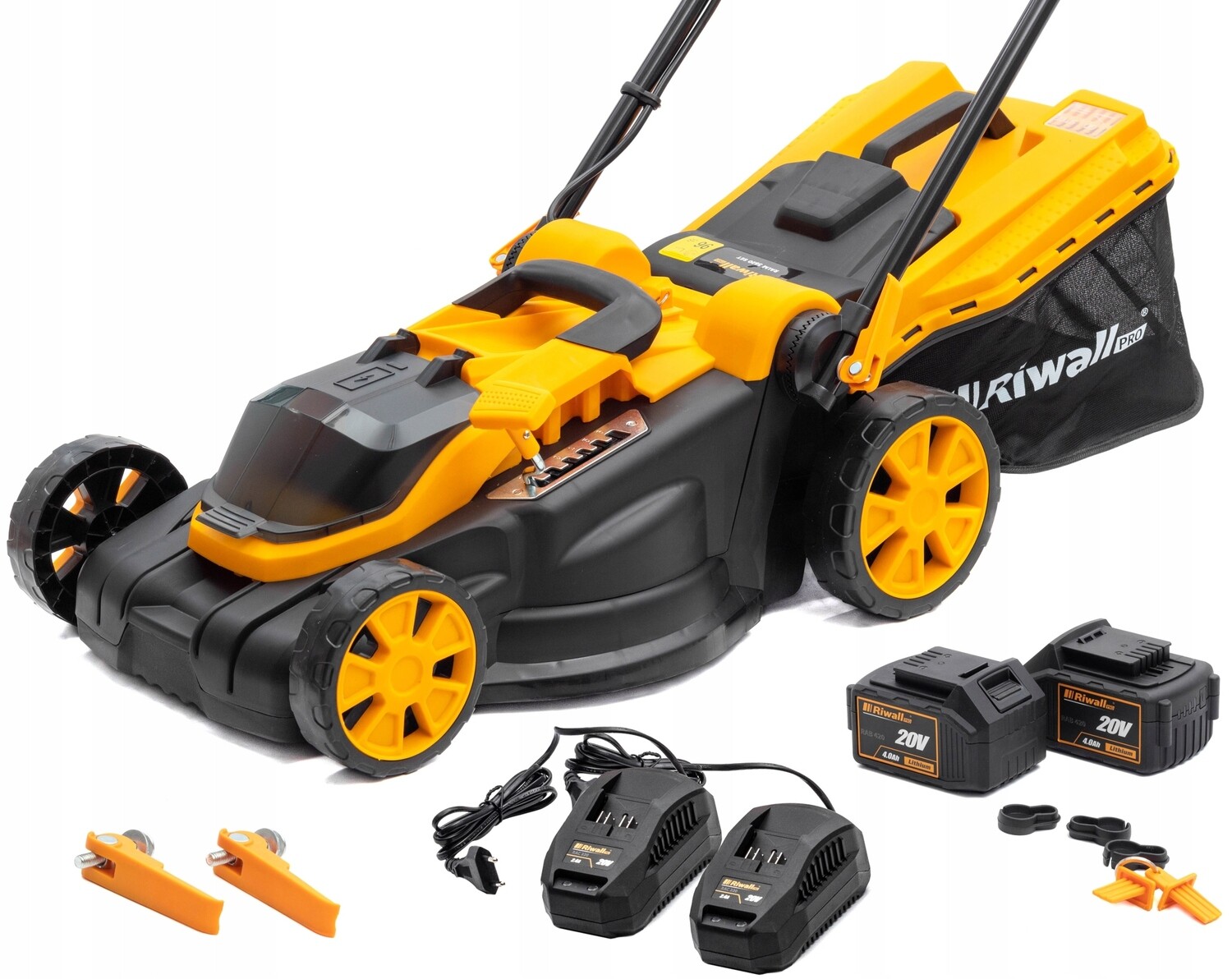 Riwall Leistungsstarker Akku-Rasenmäher 40V 8Ah 38cm Set mit Ladegeräte und Akku