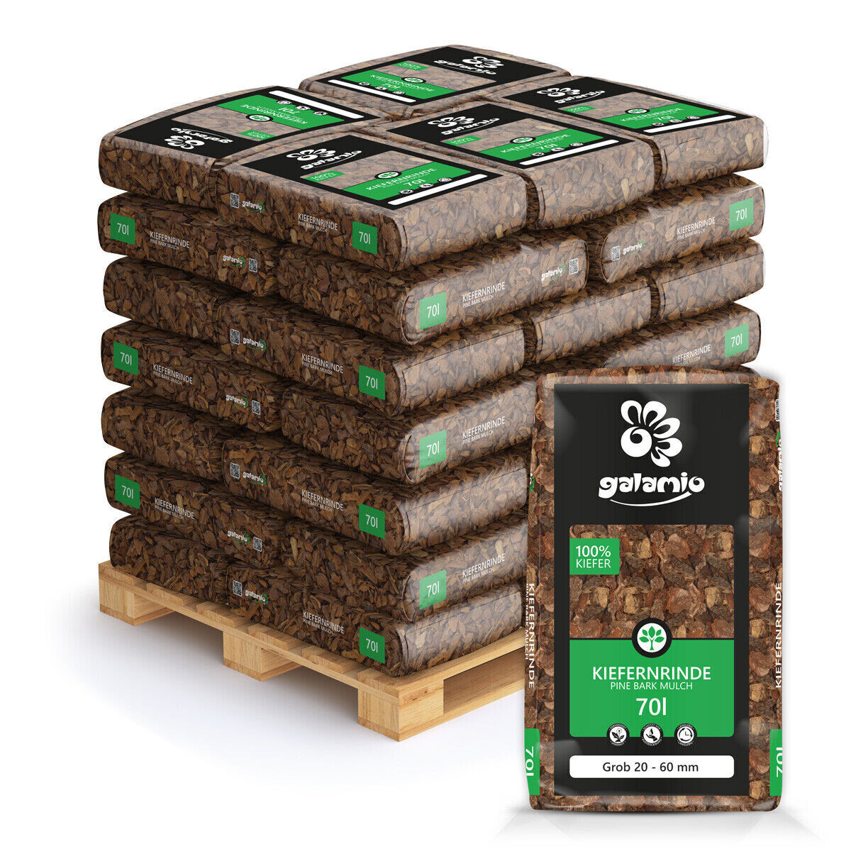 Mulch Borke Dekor Öko Rinde Fein 10-20mm 70l x 36 Sack 2520l Palette