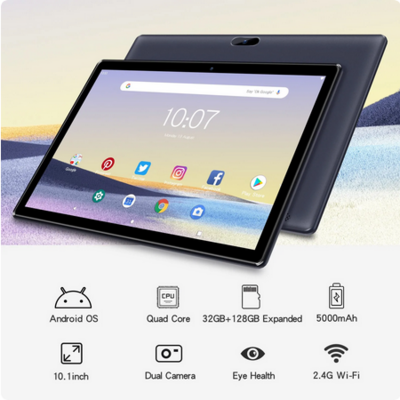 Android 10 Tablet 10,1 Zoll 2GB RAM 32GB Quad-Core-Prozessor HD Bildschirm 8,0 MP Kamera WiFi
