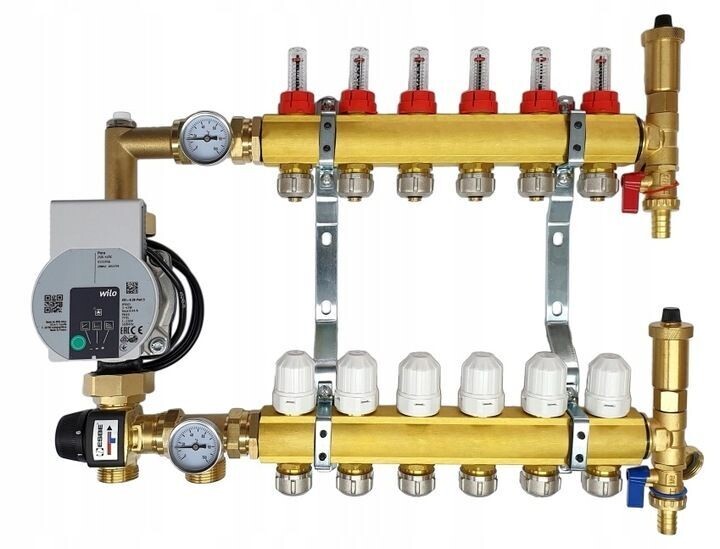 Heizkreisverteiler Messingverteiler für 6-Kreis Fußbodenheizung mit Esbe-Mischventil und Wilo Pumpengruppe Set