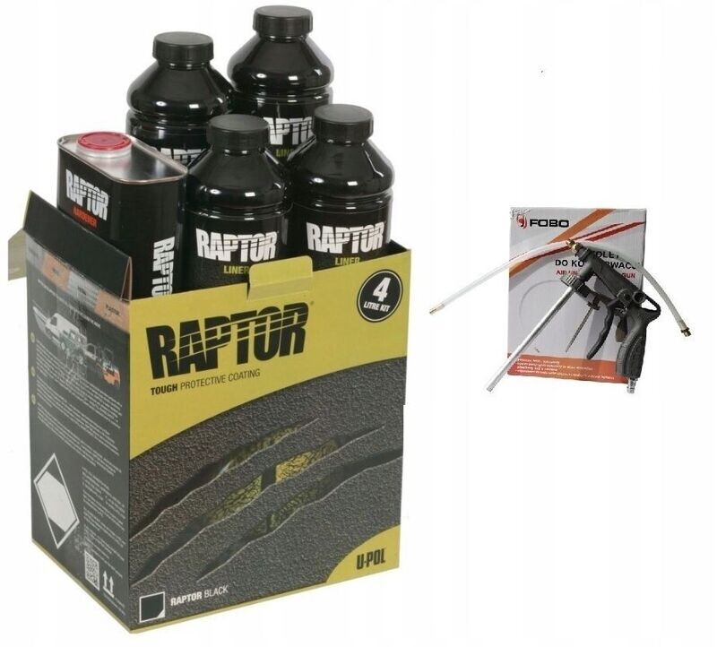 4x Original RAPTOR Lack UPOL je 950ml / 3,8l + Härter & Sprühpistole Starter Set RLT/S4