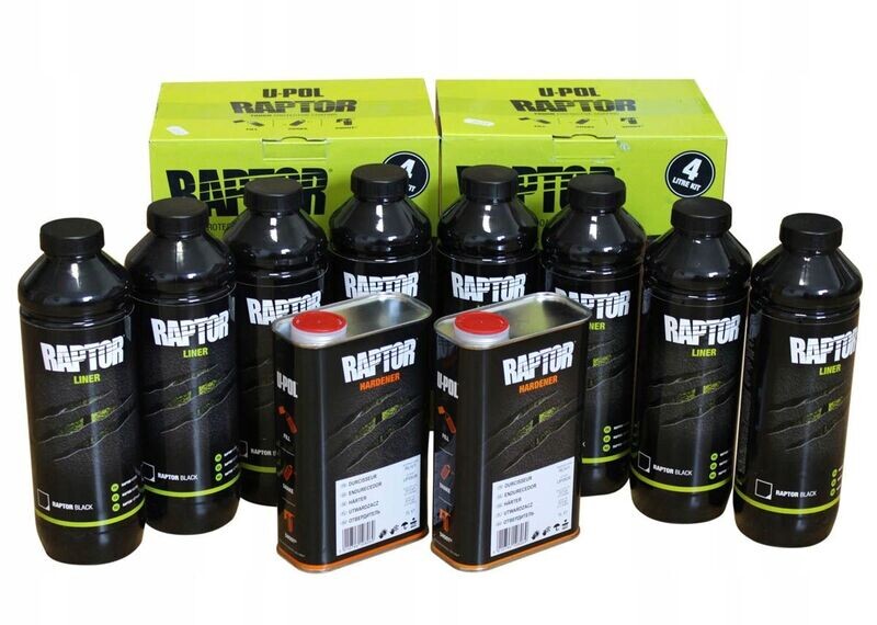 8x Original RAPTOR Lack UPOL je 950ml / 7,6l + Härter & Sprühpistole Starter Set RLT/S4