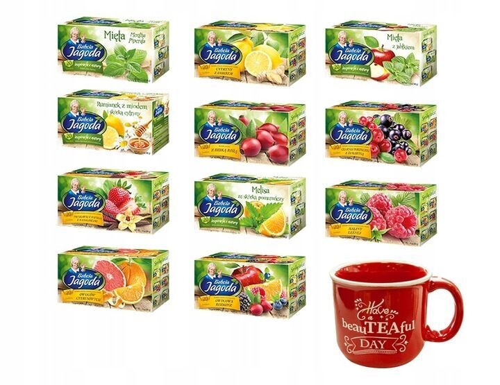 Früchtetee-Set mit 11 Geschmacksrichtungen und Oma-Jagoda-Tasse Früchtetee-Set mit 11 Geschmacksrichtungen und Oma-Jagoda-Tasse