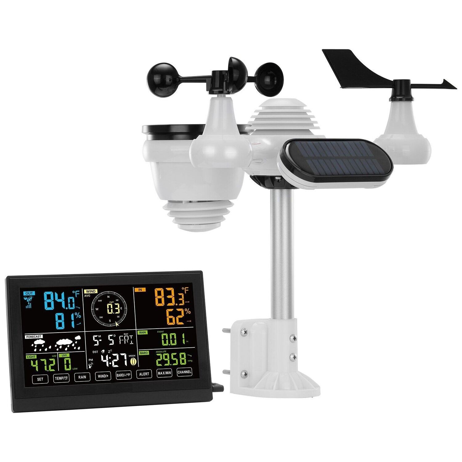 7-in-1 Wetterstation Funkwetterstation mit Außensensor 7,5" Farbdisplay RCC-Atomuhr zur Messung von Windrichtung Windgeschwindigkeit Luftdruck Innen/Außentemperatur und -feuchtigkeit Mondphase