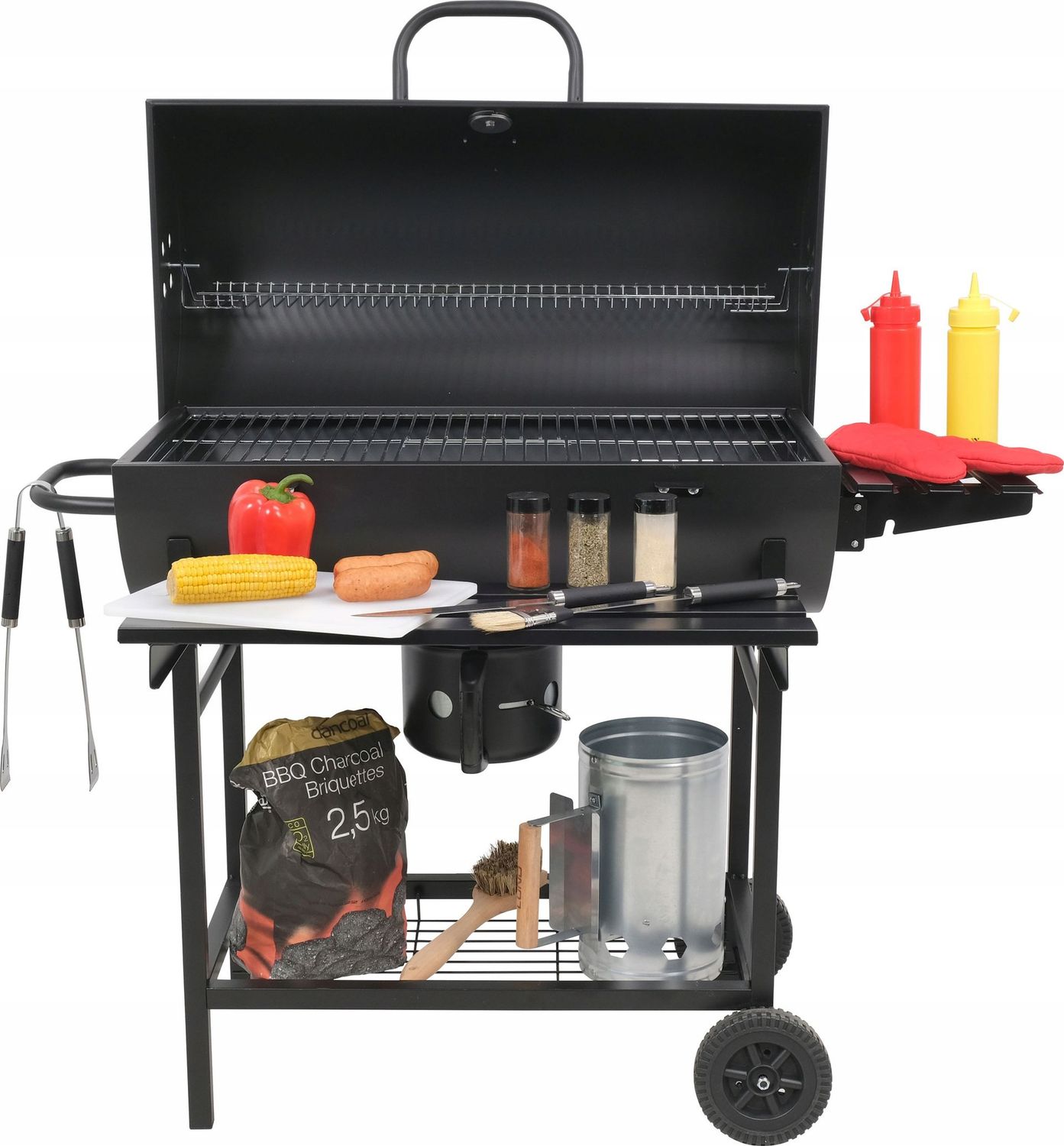 Gartengrill mit Abdeckung, Holzkohlerost, 3 Ablagen