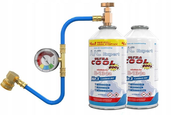 4-in-1 Klimaanlagen-Nachfüllset mit Gas, Öl, Dichtmittel und UV-Farbstoff für R-134a Klimaanlagen 2 x 500gr Set