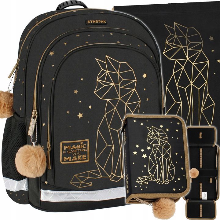 Schulrucksack für Mädchen - Schwarz/Gold mit Katzenmotiv, 3-teilig, Klasse 1-3 Schulrucksack für Mädchen - Schwarz/Gold mit Katzenmotiv, 3-teilig, Klasse 1-3