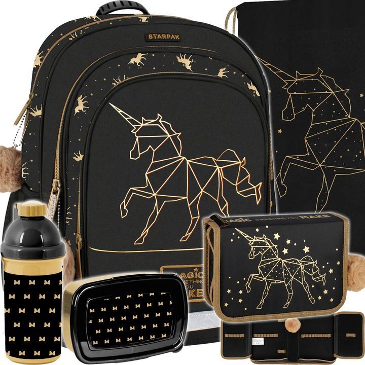 Schulrucksack für Mädchen - Schwarz/Gold mit Einhornmotiv, 5-teilig, Klasse 1-3 Schulrucksack für Mädchen - Schwarz/Gold mit Einhornmotiv, 5-teilig, Klasse 1-3
