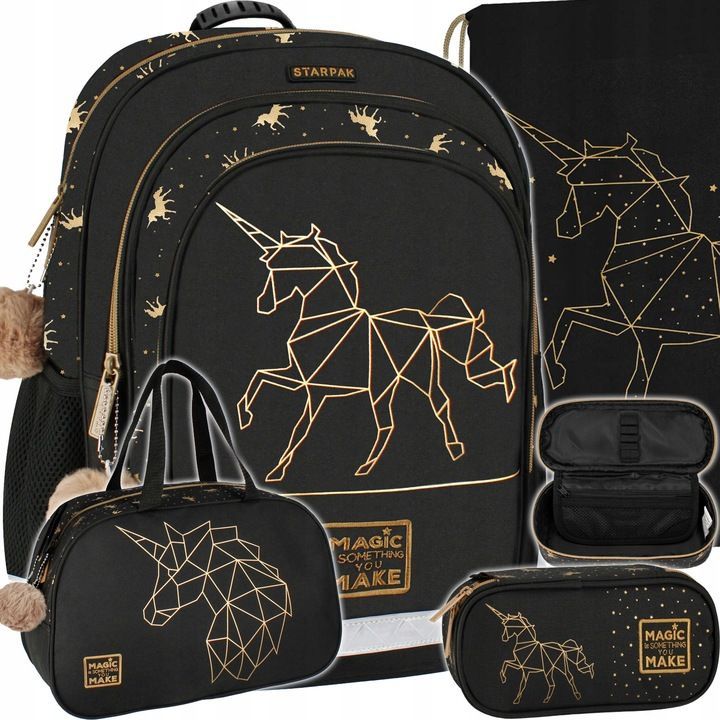 Schulrucksack für Mädchen - Einhornmotiv, Gold, 4-teiliges Set (Federmäppchen, Sportbeutel, Tasche), Klasse 1-3 Schulrucksack für Mädchen - Einhornmotiv, Gold, 4-teiliges Set (Federmäppchen, Sportbeutel, Tasche), Klasse 1-3
