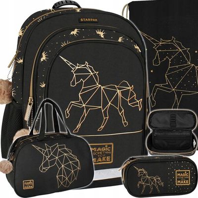 Schulrucksack für Mädchen - Einhornmotiv, Gold, 4-teiliges Set (Federmäppchen, Sportbeutel, Tasche), Klasse 1-3 Schulrucksack für Mädchen - Einhornmotiv, Gold, 4-teiliges Set (Federmäppchen, Sportbeutel, Tasche), Klasse 1-3