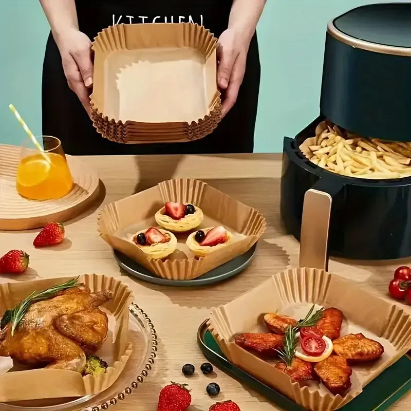 50er-Pack Antihaft-Heißluftfritteusen-Einlagen – Quadratisches Pergamentpapier für gesundes Kochen