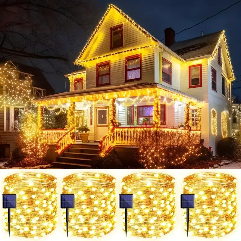 4-teilige Lichterkette mit 800 LEDs - Warmweiß, USB Wiederaufladbar, Fernbedienung & Kupferdraht 4x22m