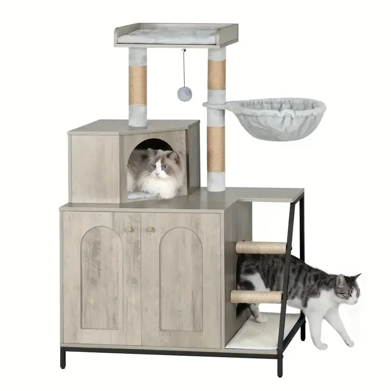 4-in-1 Katzentoilettenhaus mit Katzenbaum – Modernes Katzenhaus mit Plattform, Kratzmatte, Pfosten, Treppe und waschbarem Kissen / Elfenbein