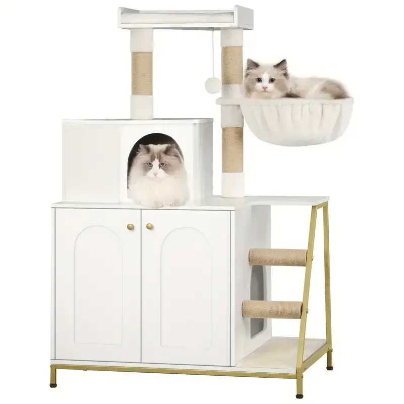 4-in-1 Katzentoilettenhaus mit Katzenbaum – Modernes Katzenhaus mit Plattform, Kratzmatte, Pfosten, Treppe und waschbarem Kissen / weiss