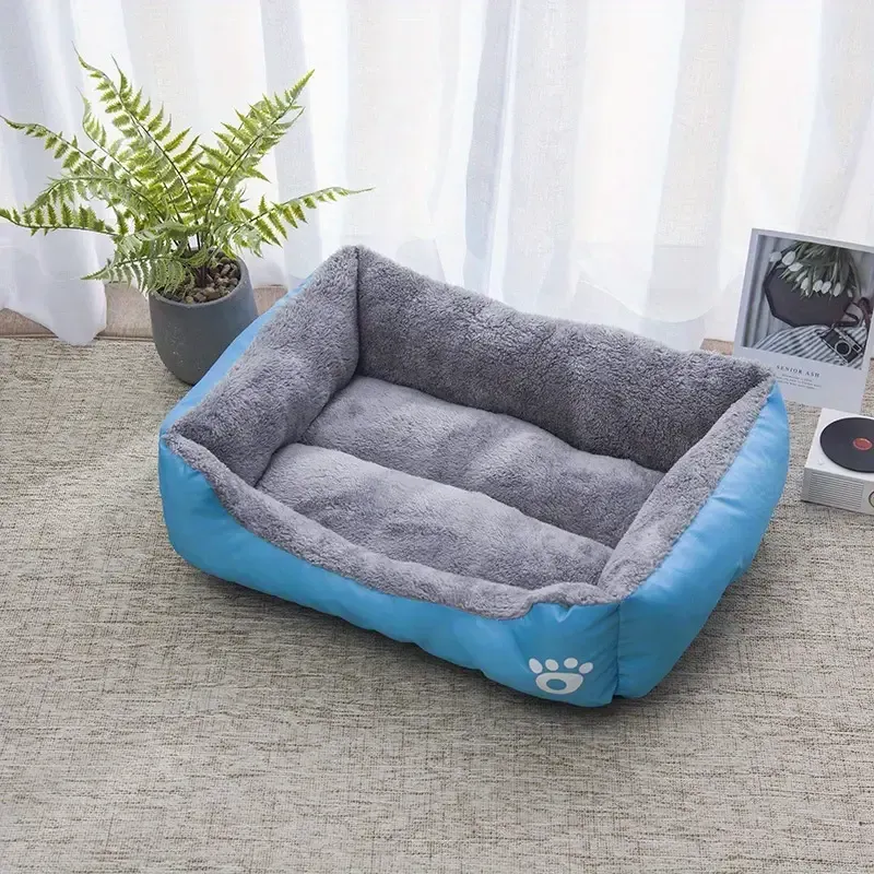 Gemütliches Haustierbett für Hunde Katzenbett Hundebett Kissen – Weiches Teddyplüsch-Bett mit Pfotenabdrücken (60x45 cm) Blau