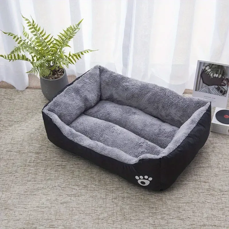 Gemütliches Haustierbett für Hunde Katzenbett Hundebett Kissen – Weiches Teddyplüsch-Bett mit Pfotenabdrücken (60x45 cm) Schwarz