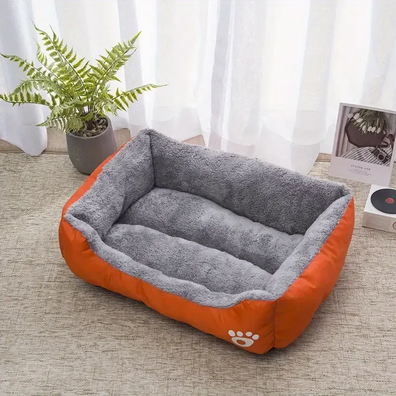 Gemütliches Haustierbett für Hunde Katzenbett Hundebett Kissen – Weiches Teddyplüsch-Bett mit Pfotenabdrücken (60x45 cm) Mandarine