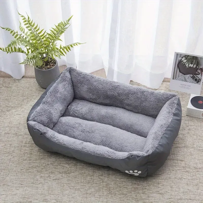 Gemütliches Haustierbett für Hunde Katzenbett Hundebett Kissen – Weiches Teddyplüsch-Bett mit Pfotenabdrücken (60x45 cm) Grau