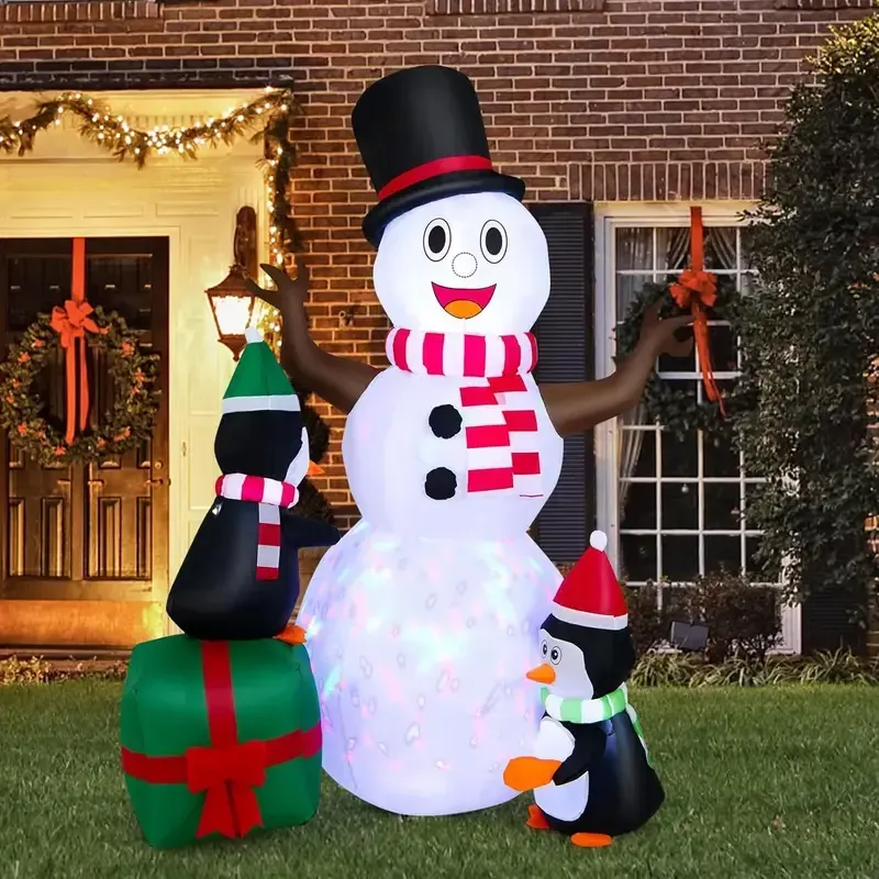 180 cm Aufblasbarer Schneemann mit Pinguinen und LED-Lichtern – Perfekte Weihnachtsdekoration für den Garten
