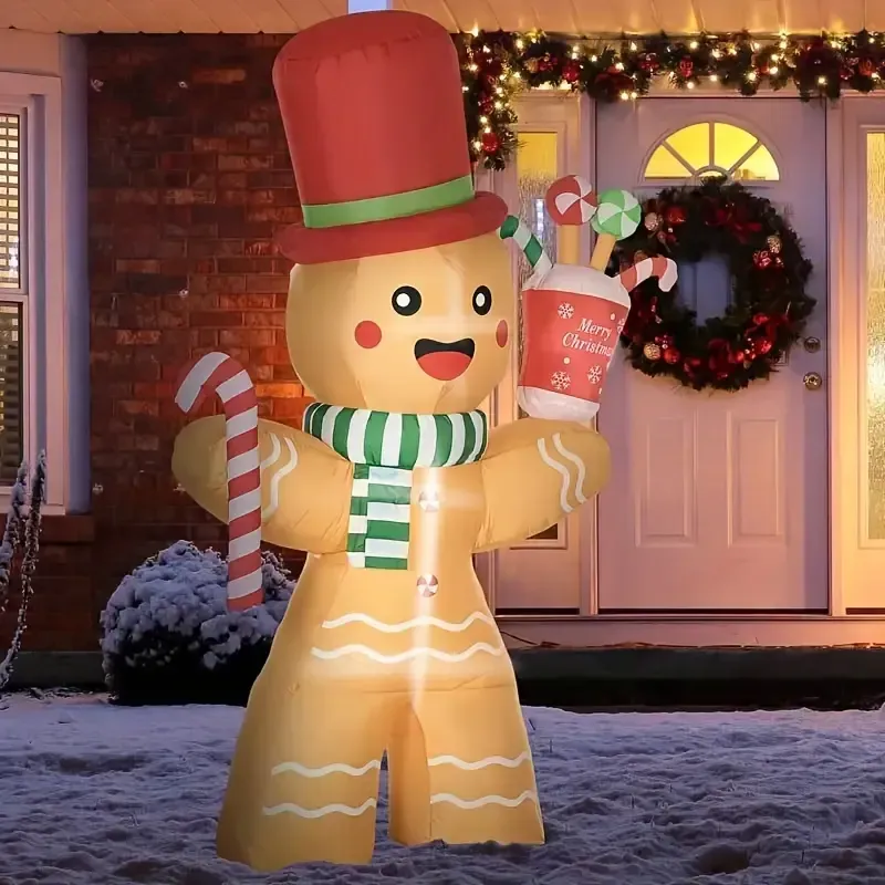 LED-beleuchteter Aufblasbarer Lebkuchenmann mit Zuckerstange – 2,40m Weihnachtsdekoration für drinnen und draußen
