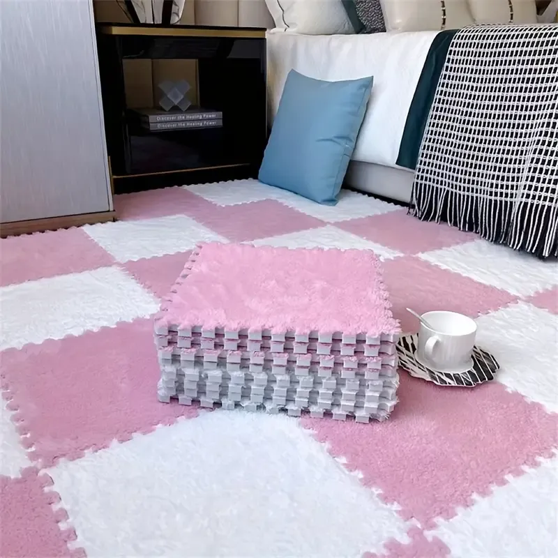 12-teilige Packung Verdickter Spleißteppich Perfekt für Schlafzimmer, Wohnzimmer, Camping und mehr 30x30cm Rosa / Weiss
