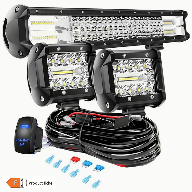 3er-Set LED-Licht + Kabelsatz – 20-Zoll-Lichtleiste, 4-Zoll-Arbeitsleuchten, Flut-/Spot-Kombination, Ideal für Offroad, LKW, Boot und mehr