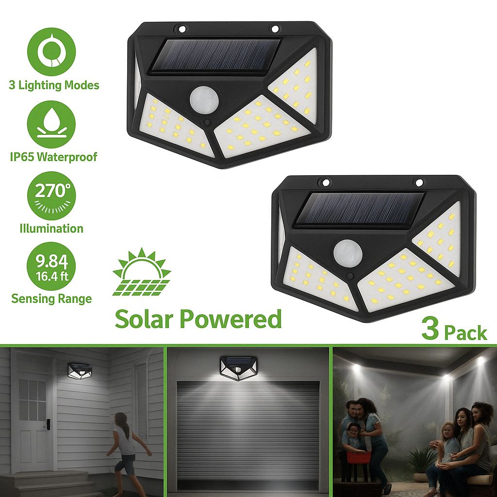 3x Multifunktionale Solar-LED-Außenlampe mit Bewegungssensor – 100 LEDs | Wasserdicht & Sonnenlichtbetrieben