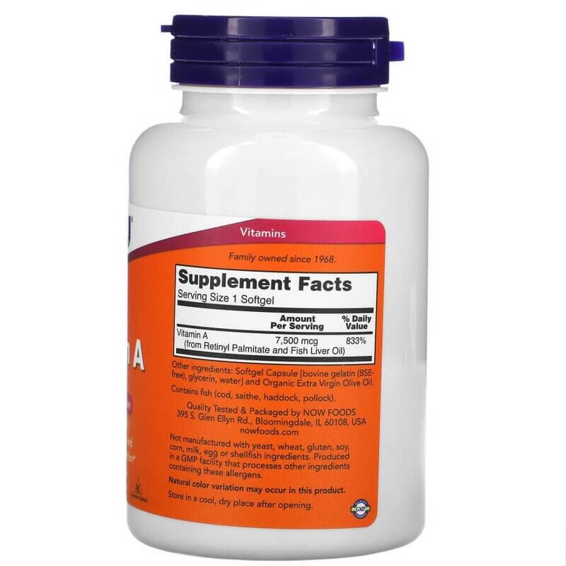 Now Foods, витамин A, 25 000 МЕ, 250 капсул