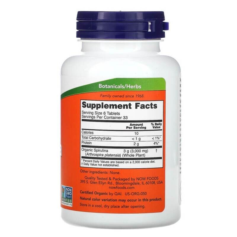 Now Foods, сертифицированная органическая спирулина, 500 мг