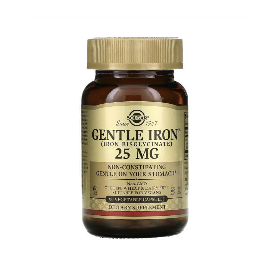 Железо представлено в форме хелата Solgar, Gentle Iron, 25 мг
