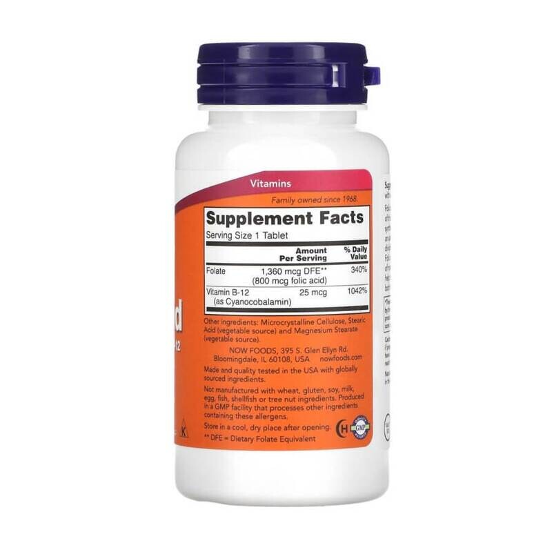 Now Foods Folic Acid с витамином B-12, 800 МКГ
