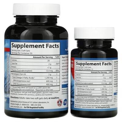 Carlson, Super Omega-3 Gems, высокоэффективные омега-3 кислоты из рыбы дикого улова, 1200 мг, 100 + 30 капсул (600 мг в 1 капсуле)