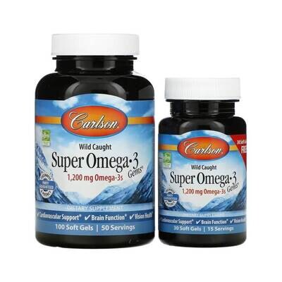 Carlson, Super Omega-3 Gems, высокоэффективные омега-3 кислоты из рыбы дикого улова, 1200 мг, 100 + 30 капсул (600 мг в 1 капсуле)