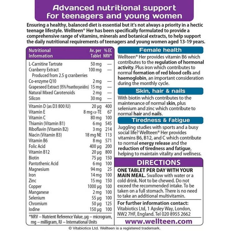 Vitabiotics Wellteen Her- для поддержания жизненных сил и хорошего здоровья, для дувочек 13-19 лет