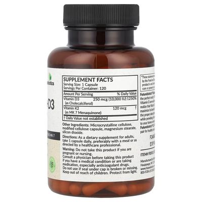 Futurebiotics, Витамин K2 + D3, с повышенной силой действия, 120 капсул (10,000 IU)